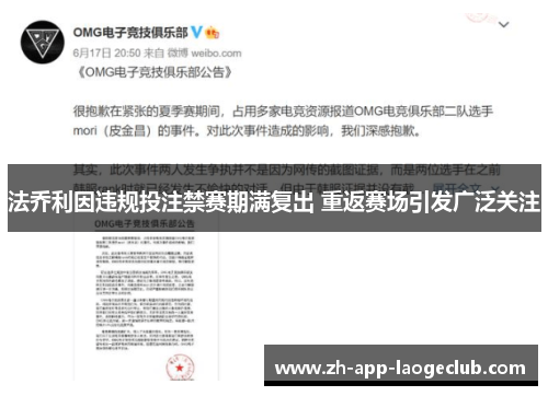 法乔利因违规投注禁赛期满复出 重返赛场引发广泛关注 法乔利因违规投注禁赛期满复出 重返赛场引发广泛关注