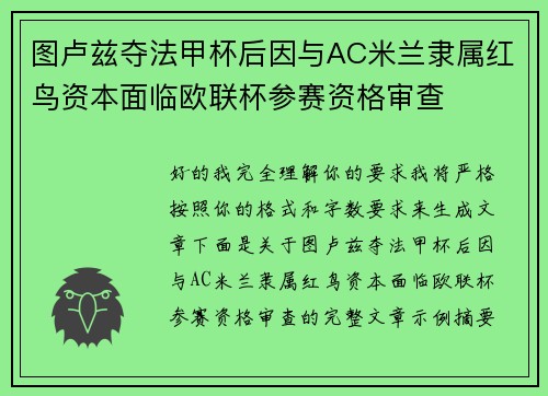 图卢兹夺法甲杯后因与AC米兰隶属红鸟资本面临欧联杯参赛资格审查