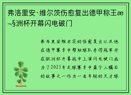 弗洛里安·维尔茨伤愈复出德甲称王欧洲杯开幕闪电破门
